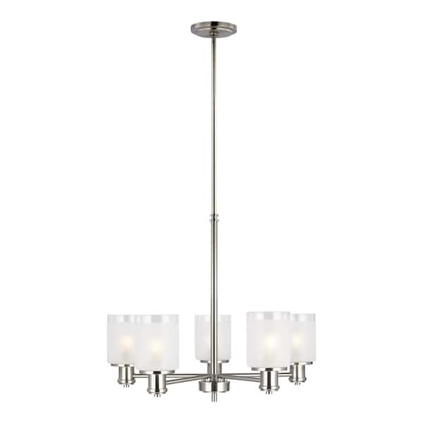 Generation Lighting Norwood 5-Light Brushed Nickel Classic Transitional Chandelier with Clear Satin Etched Glass Shades and LED Bulbs