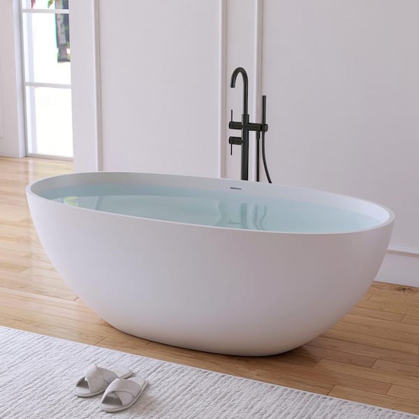 MEDUNJESS Eaton 61 in. x 30 in. Stone Resin Solid Surface Matte Flatbottom Freestanding Soaking Bathtub in White