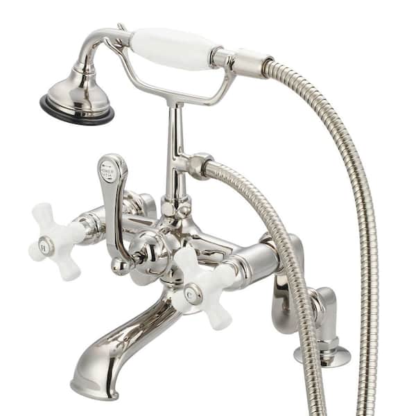 Water Creation 3-Handle Vintage Claw Foot Tub Faucet with Hand Shower and Porcelain Cross Handles in Polished Nickel PVD