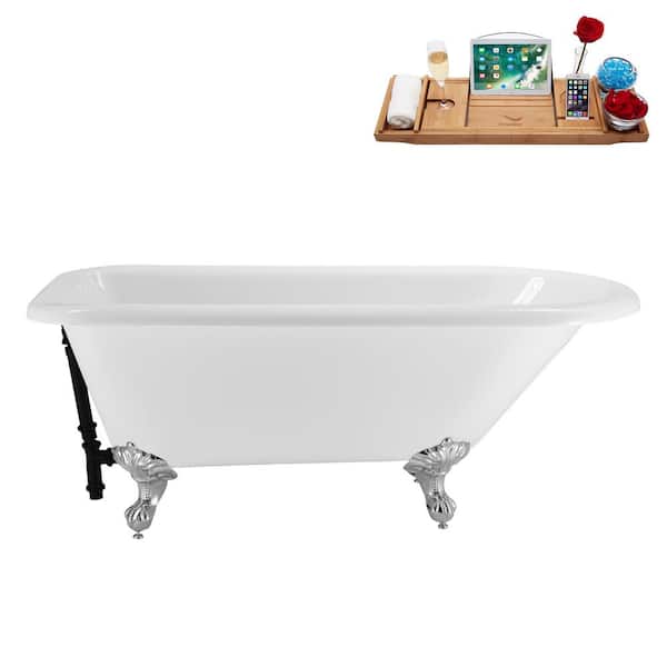 Streamline 62 in. x 29 in. Acrylic Clawfoot Soaking Bathtub in Glossy White with Matte Black Drain, Polished Chrome Clawfeet