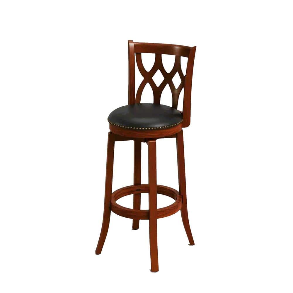 Dark Cherry Swivel Bar Stool with Black Faux Leather Seat