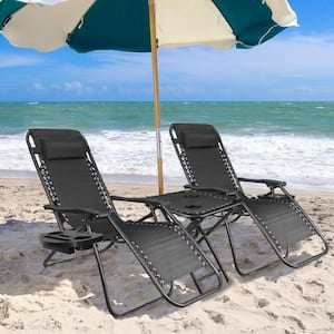 Black Zero Gravity Outdoor Lounge Chair Side Table Set with Headrest, Metal Lawn Chair Set, Beach Chair 3-Pieces