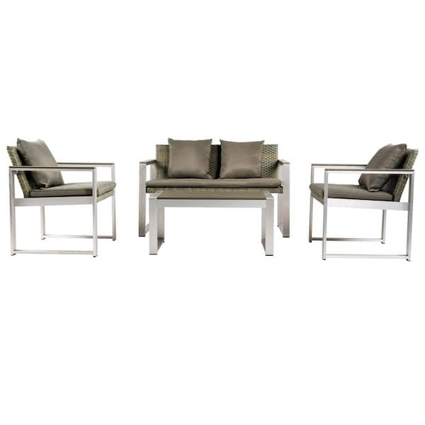 Sudzendf Silver 4-Piece Aluminum Patio Conversation Set with Gray Cushions