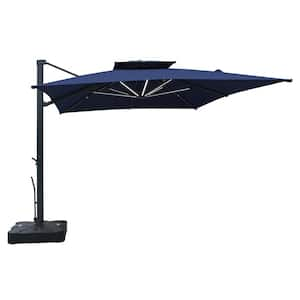 10*13ft Double Top Cantilever Umbrella Market Umbrella Patio Umbrella with Base and Detachable LED Lights in Navy Blue