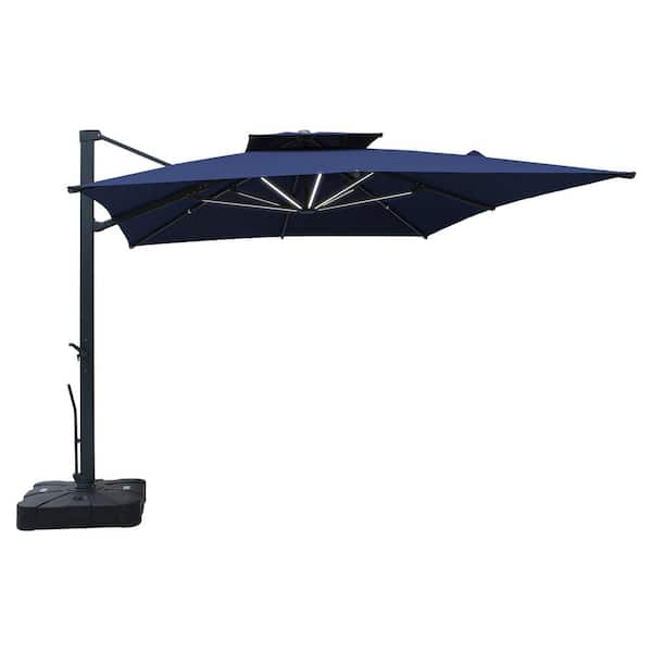 10*13ft Double Top Cantilever Umbrella Market Umbrella Patio Umbrella with Base and Detachable LED Lights in Navy Blue