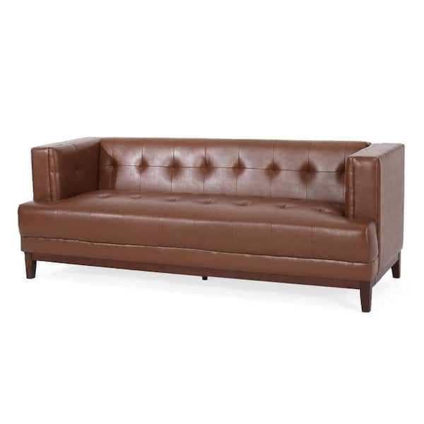 Noble House McCardell 80.75 in. W Square Arm Faux Leather Straight Sofa in Cognac Brown and Espresso