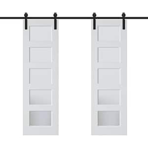 48 in. x 80 in. 5-Lite Tempered Frosted Glass White Primed MDF Composite Sliding Barn Door with Hardware Kit