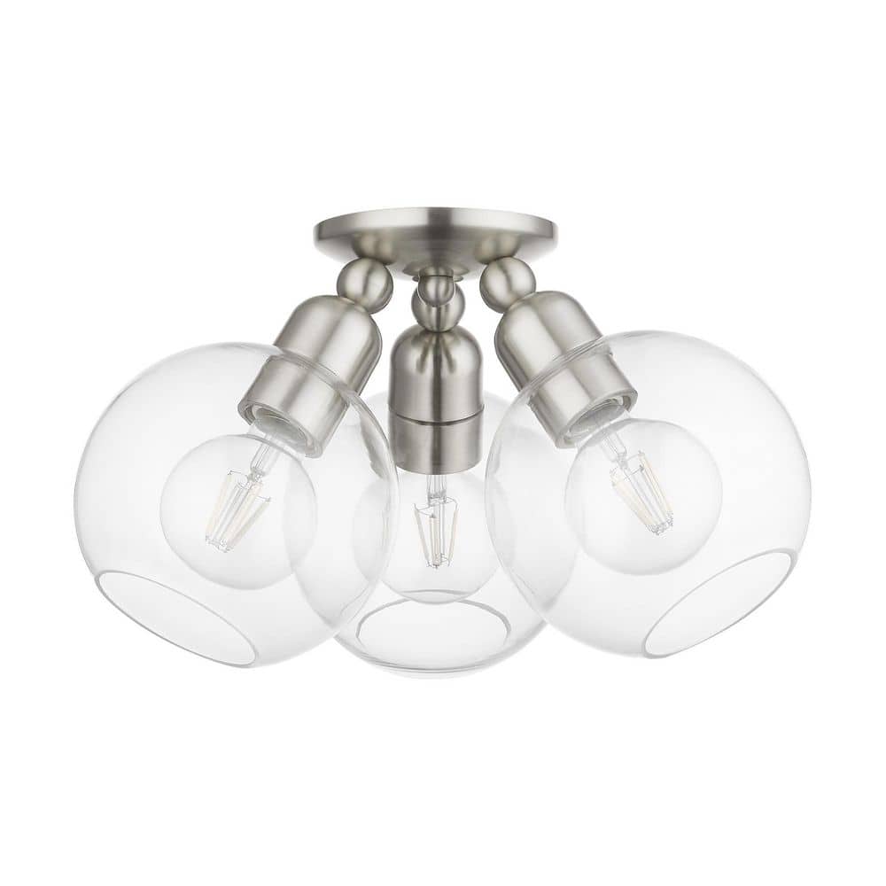 Brushed Nickel 3-Light Semi-Flush Mount with Clear Glass Shades