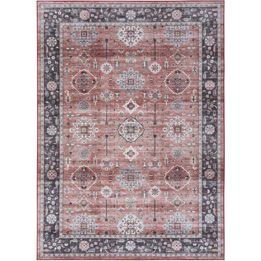 HomeRoots 5 ft. x 7 ft. Brick Red and Black Oriental Distressed Non ...
