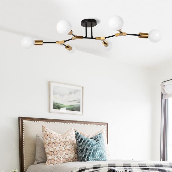 31.5 in. Modern Industrial 6-Light Semi Flush Mount Ceiling Light Fixture Black and Gold Mesh Flush Mount with E26 Base