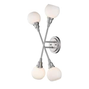 Tian 12.38 in. 4-Light Brushed Nickel Wall Sconce Light with Matte Opal Glass Shade with Bulbs Included