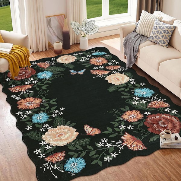 Wavy Edge Decorative Rug Machine Washable Vintage Floral Printed Area Carpet for Bedroom Apartment Black，9X12ft