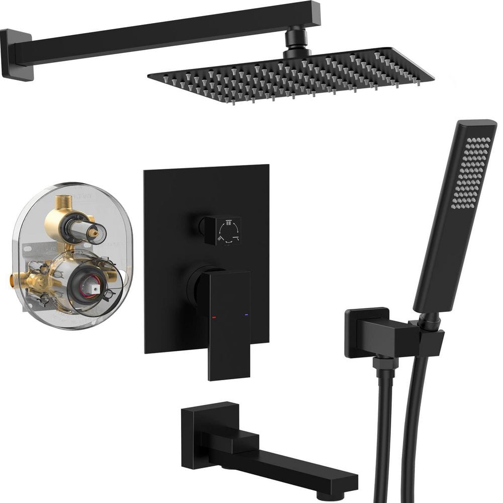 1-spray 10 in. Square Wall Mount Dual Shower Head and Handheld Shower Head with Rotatable Tub Fauce in Matte Black price history on PriceWatchPro