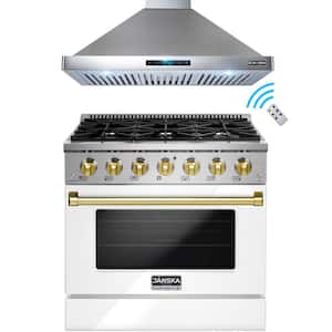 36 in. 520 CFM Wall-Mount Range Hood & 36 in. 5.2 cu. ft. Gas Range with Convection Oven in Glossy White