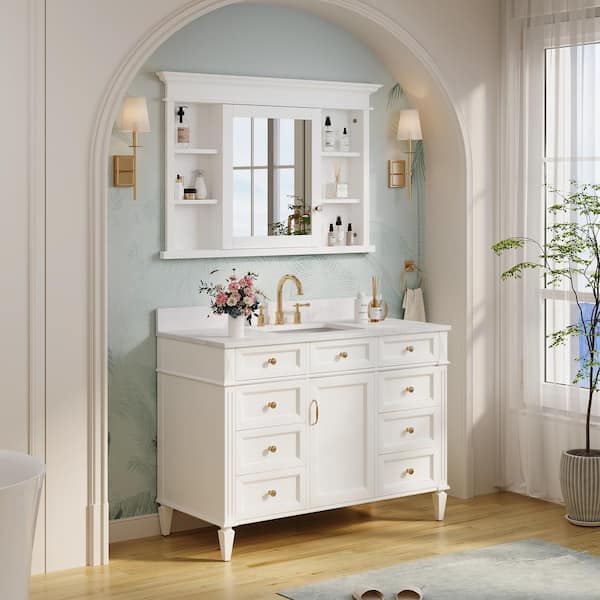 Forclover Solid Wood 48-in x 32-in Recessed Mount White Mirrored Soft Close Medicine Cabinet
