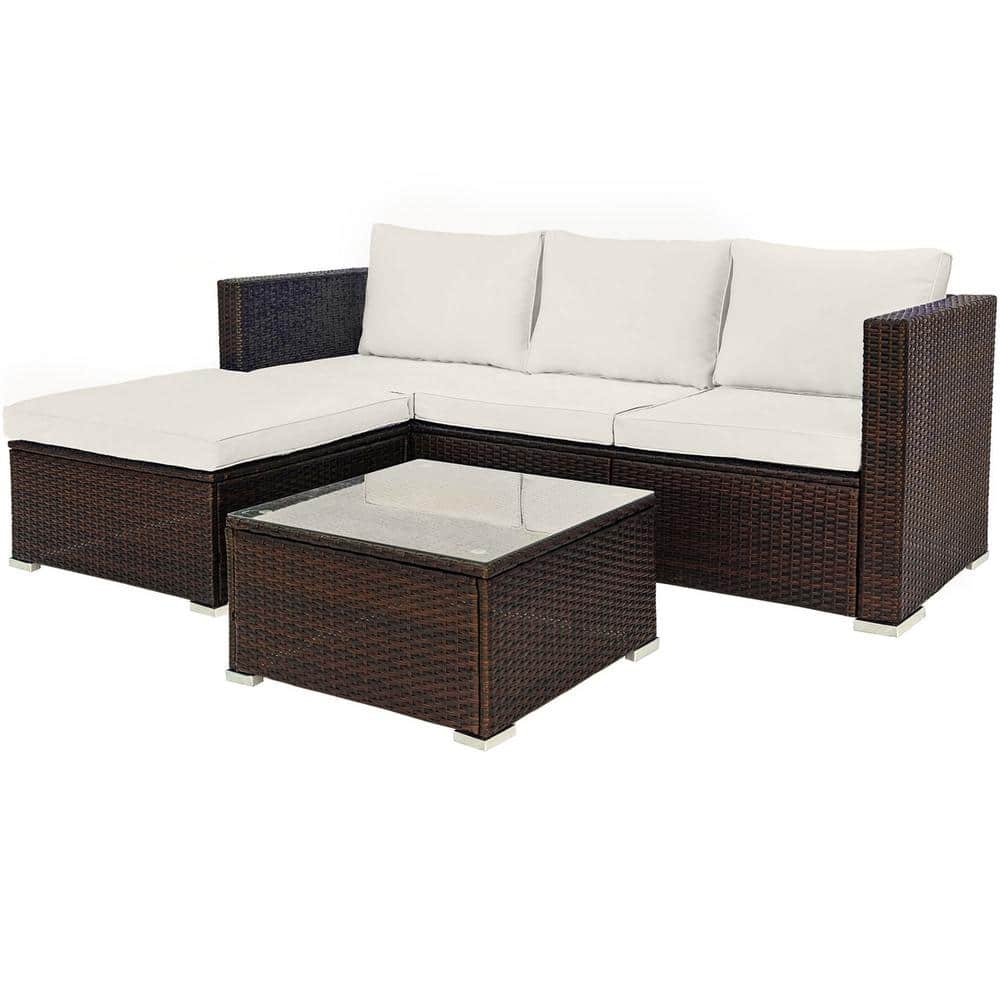 Brown 5-Piece Wicker Patio Conversation Set with Beige Cushions and Table