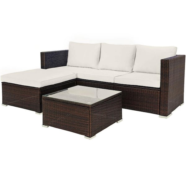 Unbranded Brown 5-Piece Wicker Patio Conversation Set with Beige Cushions and Table