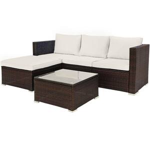 5-Piece Patio Furniture Set Outdoor Rattan Wicker Conversation Set, Sectional Sofa Set with Table & Sofa, Beige Cushion