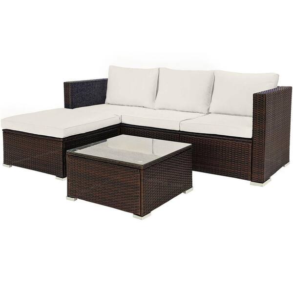 URTR 5-Piece Patio Furniture Set Outdoor Rattan Wicker Conversation Set, Sectional Sofa Set with Table & Sofa, Beige Cushion