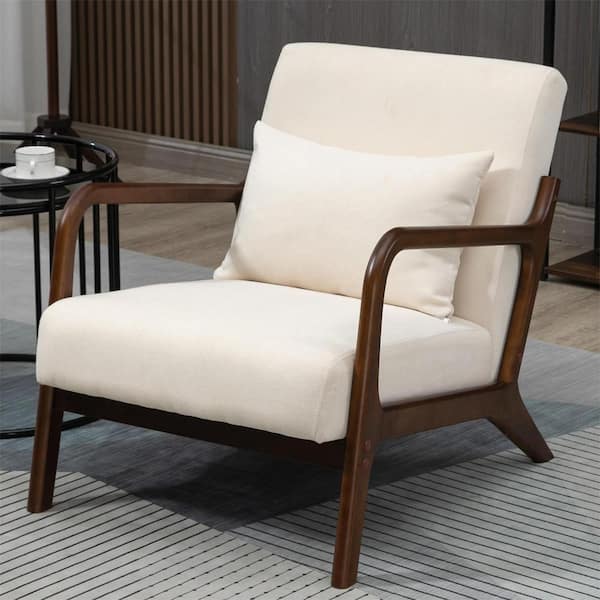 aisword Set of 2, Mid Century Modern Arm Chair with Wood Frame, Upholstered Living Room Chairs with Waist Cushion - White