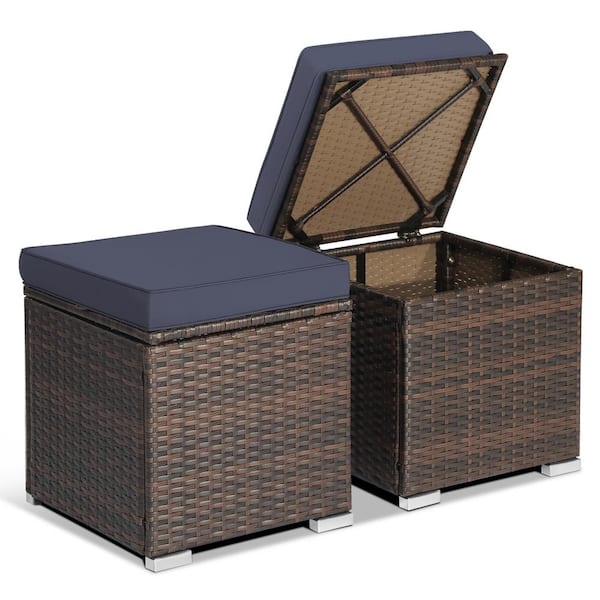 Gymax 2-Piece Wicker Outdoor Patio Ottomans Hand-Woven PE Wicker Footstools with Removable Navy Cushions