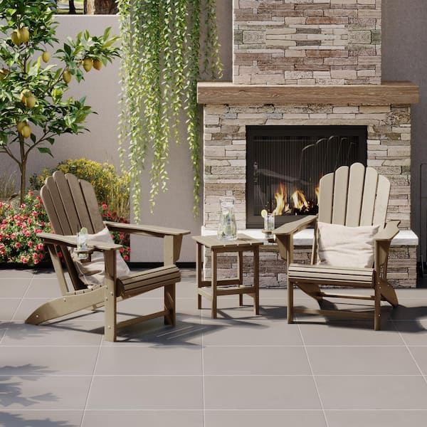 Aderson 3-Piece All Weather Outdoor Plastic Adirondack Chair Patio Conversation Set with Side Table in Weathered Wood