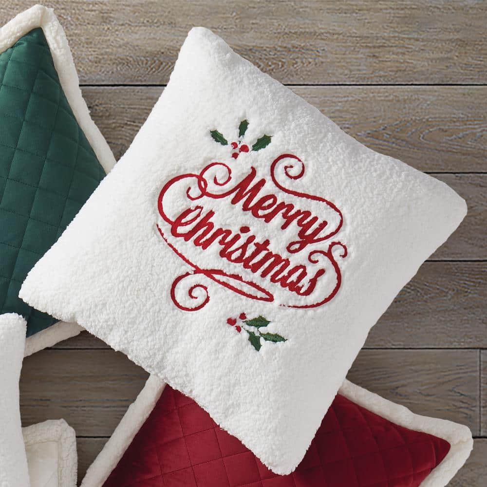 Merry Christmas Holly White Sherpa Throw Pillow 20" Square