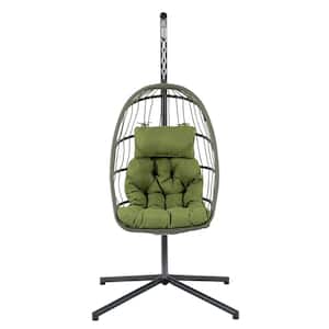 Outdoor 1-Person Wicker Egg Swing Chair with Stand, Porch Swing Foldable Hammock Chair for Garden Olive Green