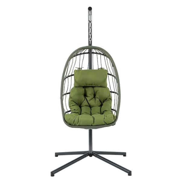 Yangming Outdoor 1-Person Wicker Egg Swing Chair with Stand, Porch Swing Foldable Hammock Chair for Garden Olive Green