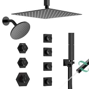 Thermostatic 8-Spray 12 and 6 in. Dual Shower Head Ceiling Mount Fixed and Handheld Shower Head in Matte Black