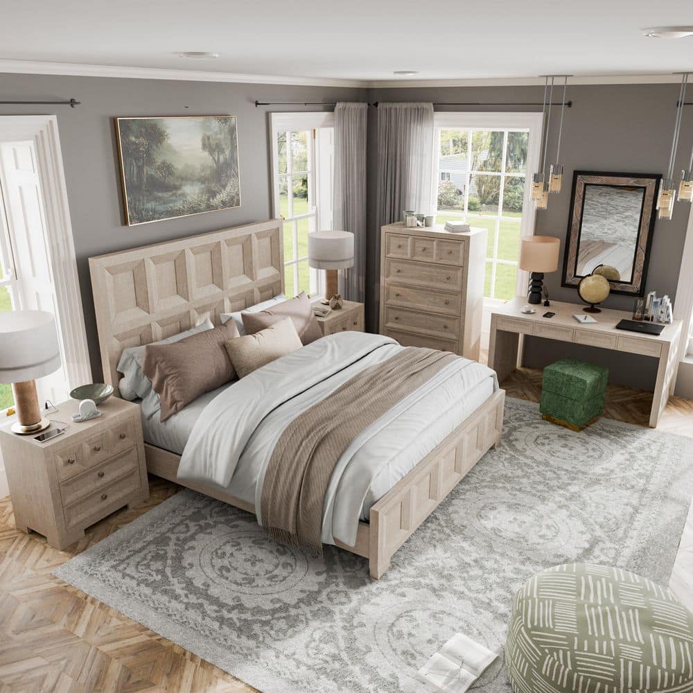Flonnin 5-Piece Modern Classic Tawny Wood King Panel Bedroom Set with 2 Nightstands, Chest and Writing Desk