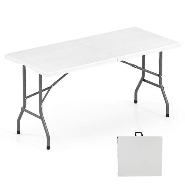 5FT Folding Picnic Table with Wood Grain HDPE Tabletop and Non-slip Foot Pads-WH