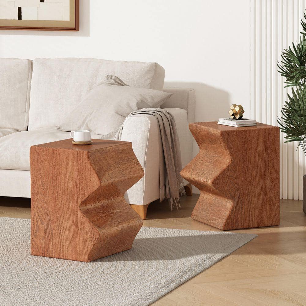 2-PC Natural Composite Rectangular Outdoor Side Tables with Faux