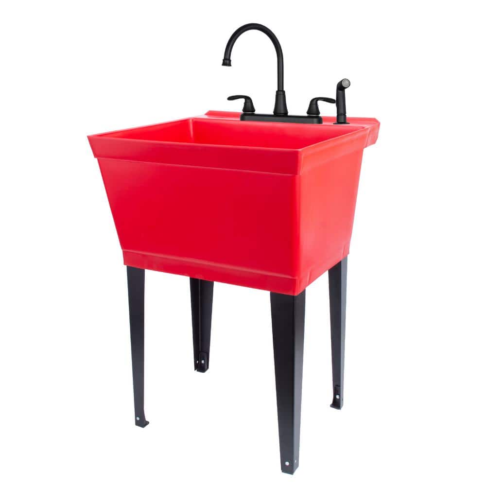 Red Thermoplastic Freestanding Utility Sink with Black Faucet