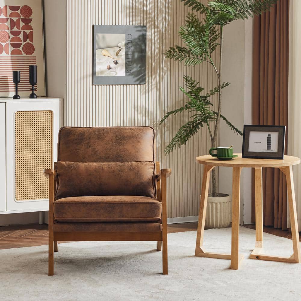 Brown Suede Wood Frame Mid-Century Modern Accent Chair