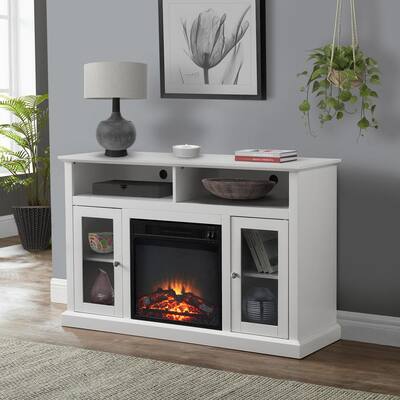 47.5 in. White Electric Fireplace TV Stand Fits TV's up to 55 in. with 2-Storage Shelves and 2-Tempered Glass Cabinet