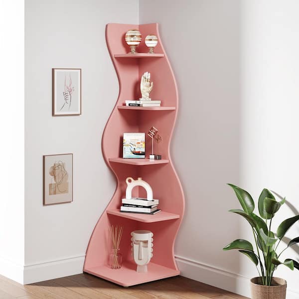 BYBLIGHT Eulas 69.8 in. Tall Pink Engineered Wood 5-Shelf Standard Bookcase Corner Shelf with Storage