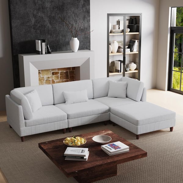 120.5 in. Straight Arm 4-Piece Corduroy Upholstered L-Shaped Sectional Sofa in Sea Salt Gray