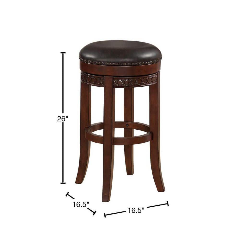 Cherry Finish Backless Swivel Counter Stool with Brown Leather Cushion