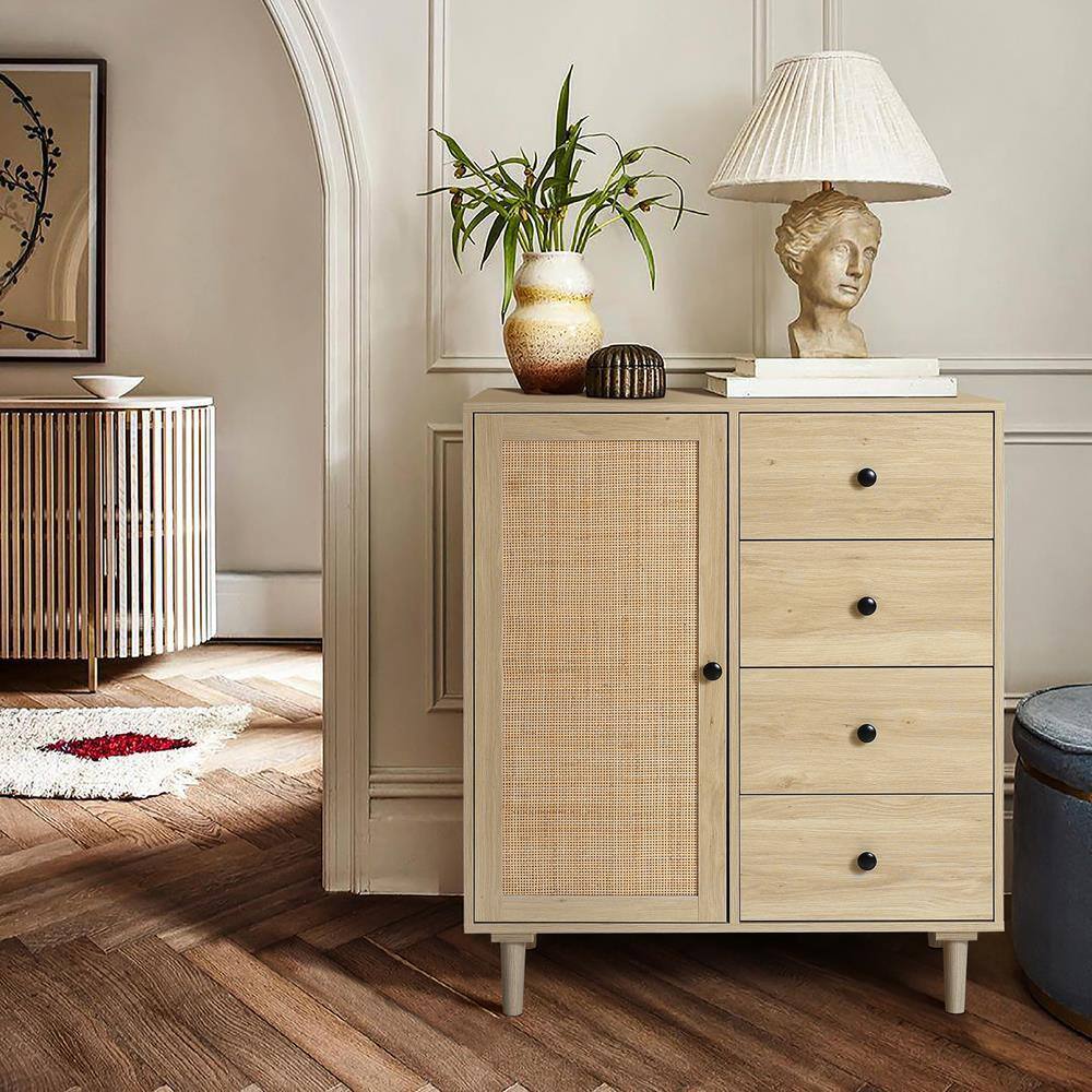 White Oak and Rattan 4-Drawer Storage Cabinet