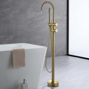Arc 2-Handle Floor-Mount Roman Tub Faucet with Hand Shower in Brushed Gold