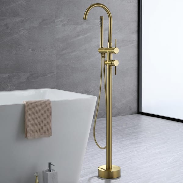 Nestfair Arc 2-Handle Floor-Mount Roman Tub Faucet with Hand Shower in Brushed Gold