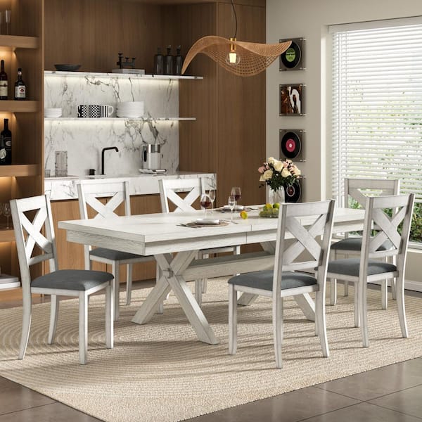 7-Piece Extendable Dining Table Set for 6, Gray Farmhouse Style Wood Table with Leaf and X-Back Design Chairs