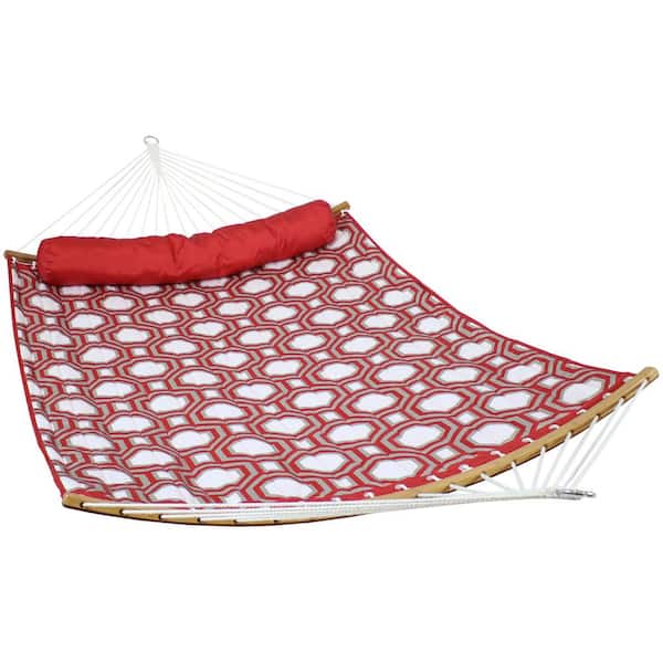 Sunnydaze 11 ft. 450 lbs. Weight Capacity 2-Person Quilted Octagon Hammock Bed in Red and Gray with Curved Bamboo Bars