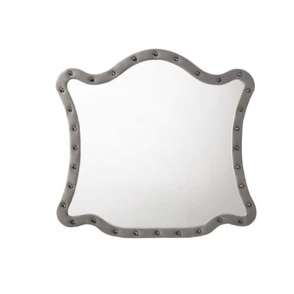 Benjara 2 in.  W x 43 in. H Modern Style Gray Scalloped Shape Wall Mirror with Tufted Velvet and Crystal Accents
