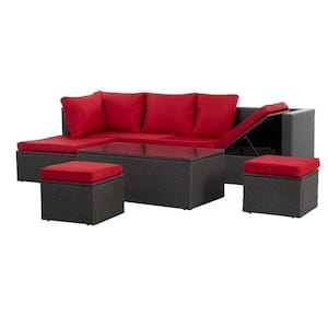 Luxury 7-Piece Wicker Patio Conversation Set with Red Cushions, Iron Frame, Sofa and Table with Tempered Glass Set