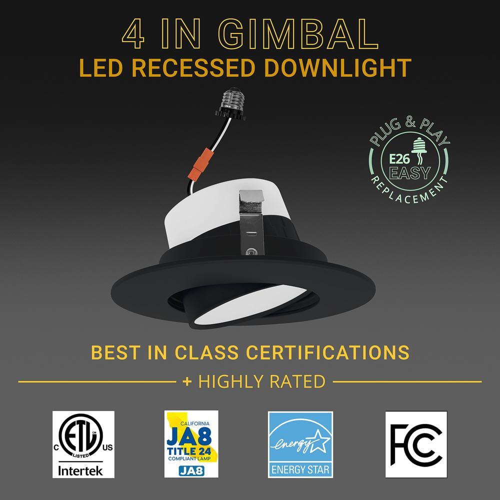 Black Aluminum 4" LED Gimbal Recessed Lighting Kit, 24-Pack