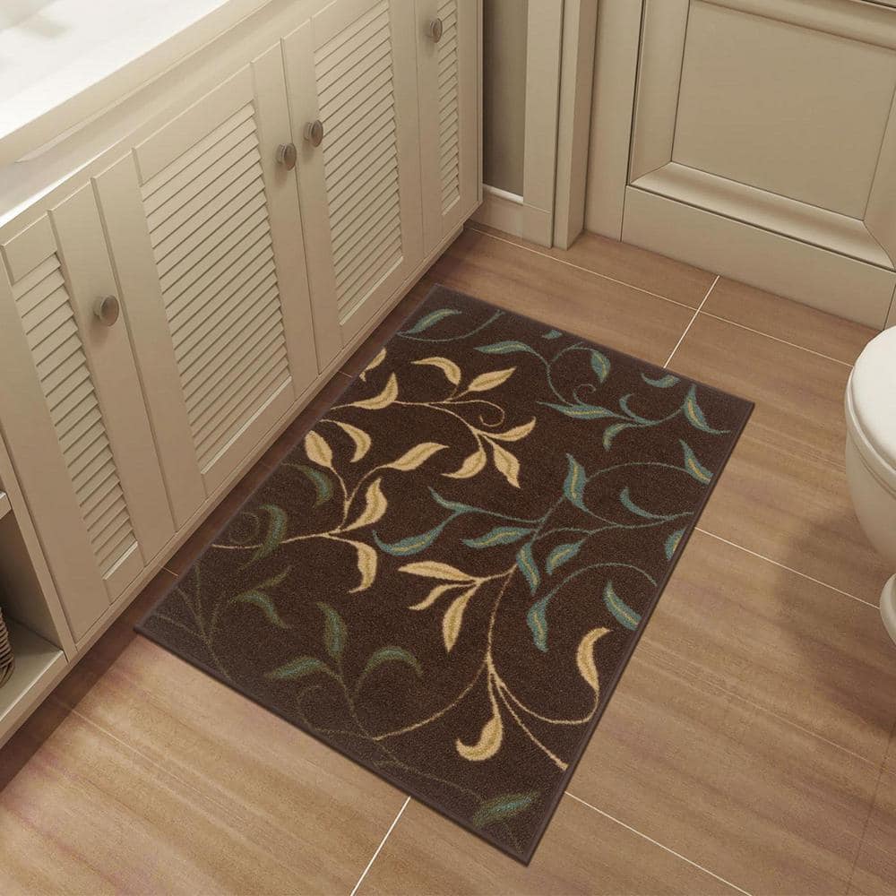 Brown Floral Leaves Non-Slip Washable Area Rug 2'3" x 3'