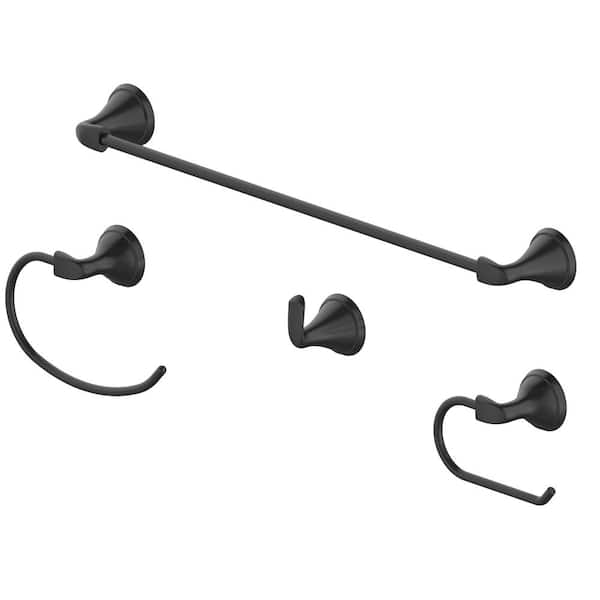 JACUZZI VAZIA 4 -Piece Bath Hardware Set with Towel Bar, Toilet Paper Holder, Robe Hook Towel Ring in Matte Black