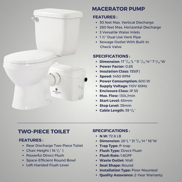 Compact Rear Outlet 2-Piece Macerating Toilet 1.28 GPF Elongated Dual Top Flush White Includes Seat and 1HP Pump Compact Rear Outlet 2-Piece Macerating Toilet 1.28 GPF Elongated Dual Top Flush White Includes Seat and 1HP Pump